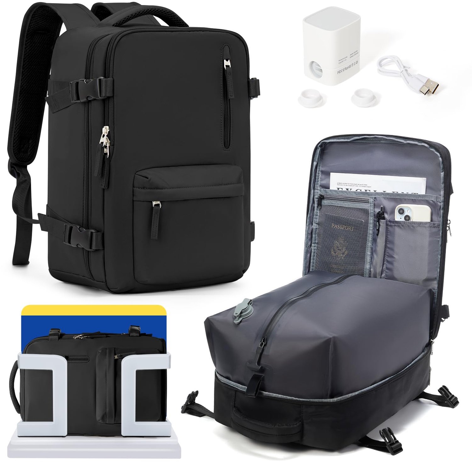 Vacuüm Reistas met Pomp, Handbagage Backpack voor Ryanair en Easyjet in Zwart