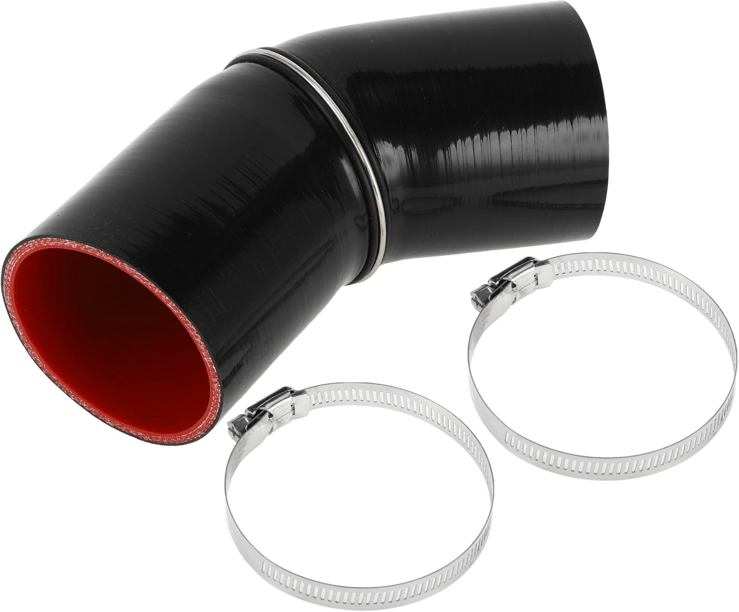 Siliconen Slang 80mm Binnendiameter - 45 Graden - Zwart/Rood - Meerlaags Geweven - Temperatuurbestendig tot 300℃ - Inclusief Klemmen - Koelslang