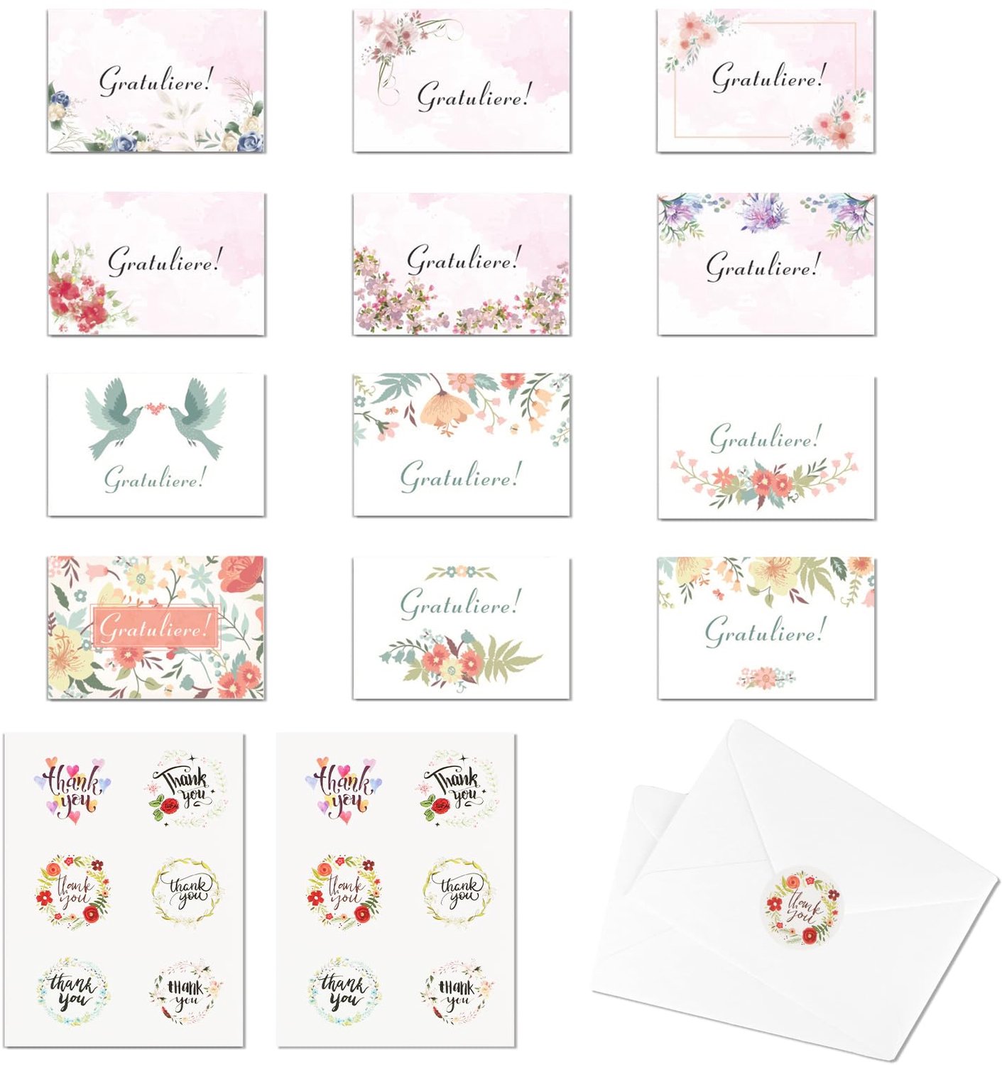 Set van 12 Elegante Verjaardagskaarten met Enveloppen
