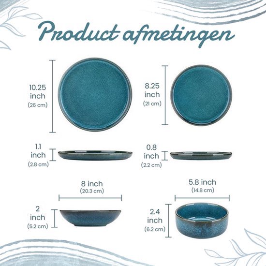 Overzicht met afmetingen van het blauwe servies: dinerborden, dessertborden, pastaborden en kommen in inches en cm.