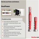 Fischer DuoPower pluggen in rood en grijs met twee-componenten-technologie voor diverse bouwmaterialen.