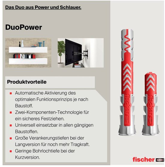 Fischer DuoPower pluggen in rood en grijs met twee-componenten-technologie voor diverse bouwmaterialen.