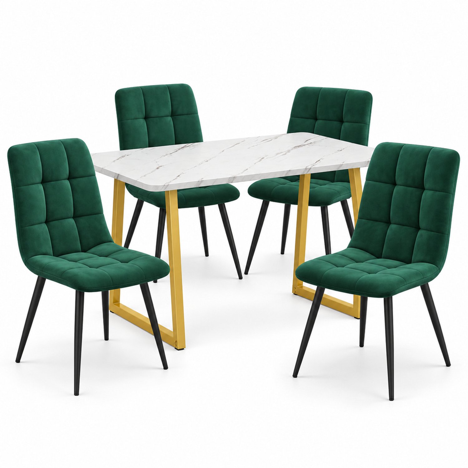 LONG DRAGON - Eethoek - Tafel met 4 velvet stoelen - Rechthoekige eettafel - Goudkleurige tafelpoten - Donkergroen - 117 cm