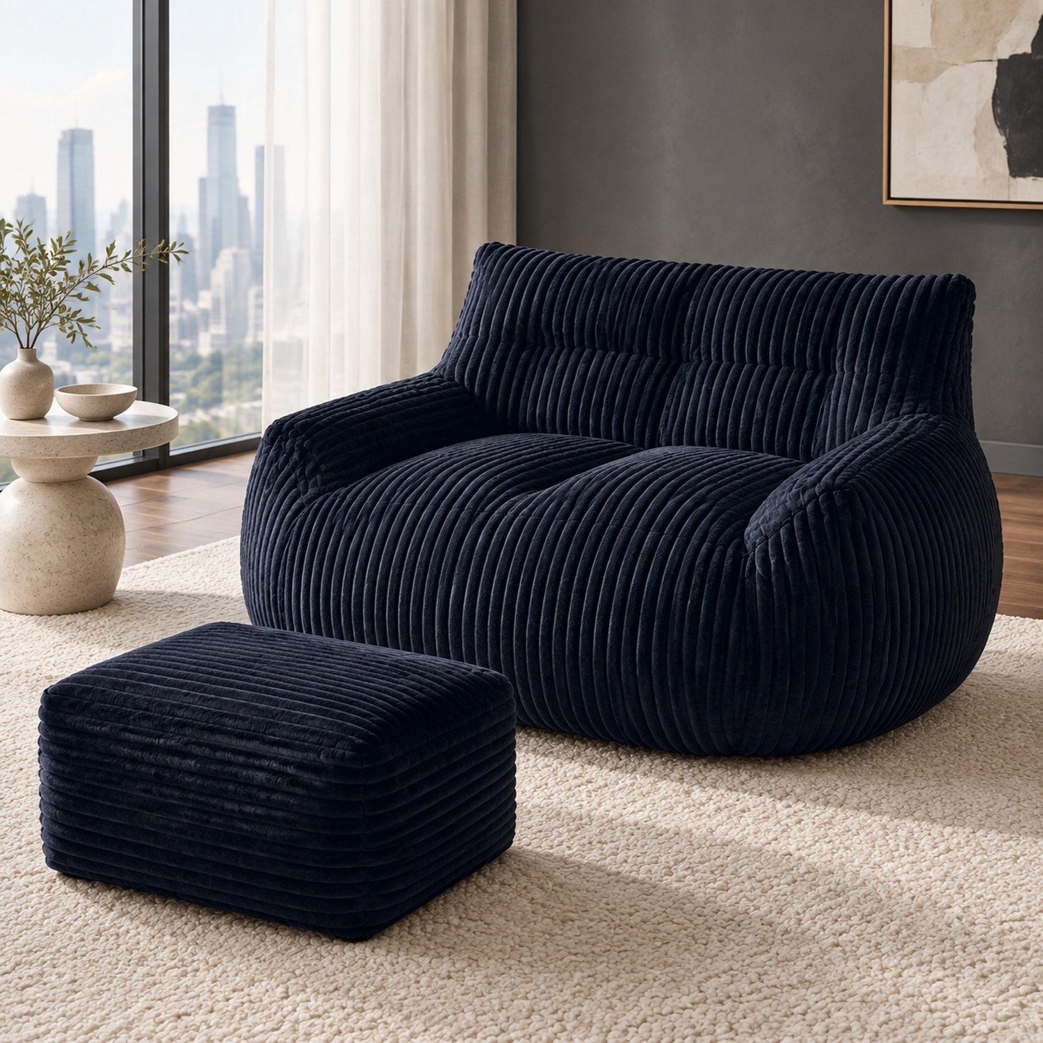 MEUNIQ Zitzakstoel met voetenbank – loungestoel met rugleuning en armleuningen, traagschuimvulling, 135 x 100 x 75 cm, zwart, voor woonkamer en slaapkamer