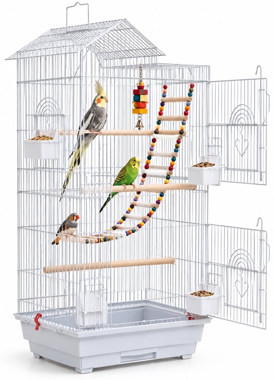 Papa Simba Vogelkooi Wit met Standaard – Parkietenkooi en Valkparkietenkooi – 2 Grote Deuren – Uitneembare Lade – Inclusief 3 Zitstokken, 4 Voerbakken, Schommel, Ladder en Vogelspeelgoed – HMTM-BC-10003-White