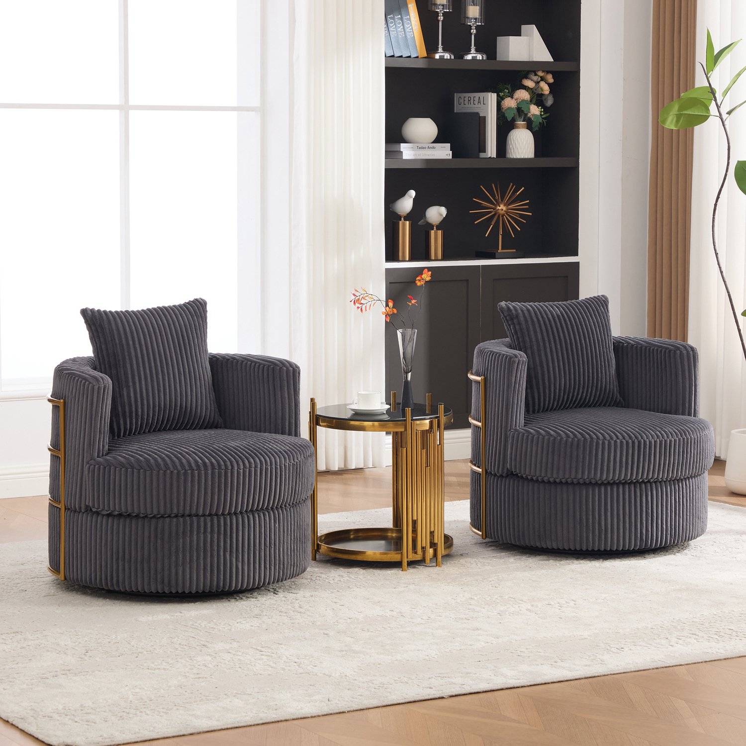MEUNIQ Set van 2 draaibare fauteuils, 360° draaibaar, grijze ribstof, gevoerde zitting, armleuningen en opbergruimte onder de zitting, voor woonkamer of slaapkamer Grijs