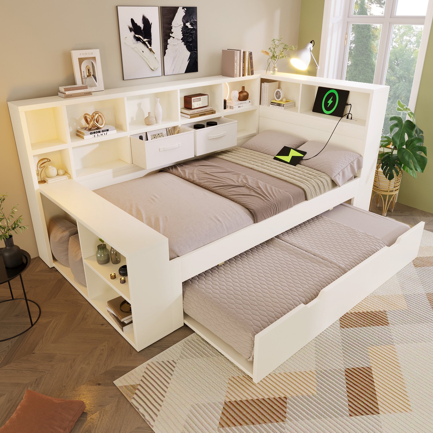 HAUSS SPOLE Eenpersoonsbed 90x190 cm - Uitschuifbed met Opbergruimte - Met Oplaadaansluitingen voor Tienerkamer - Zonder matras - Hout en Spaanplaat - Wit