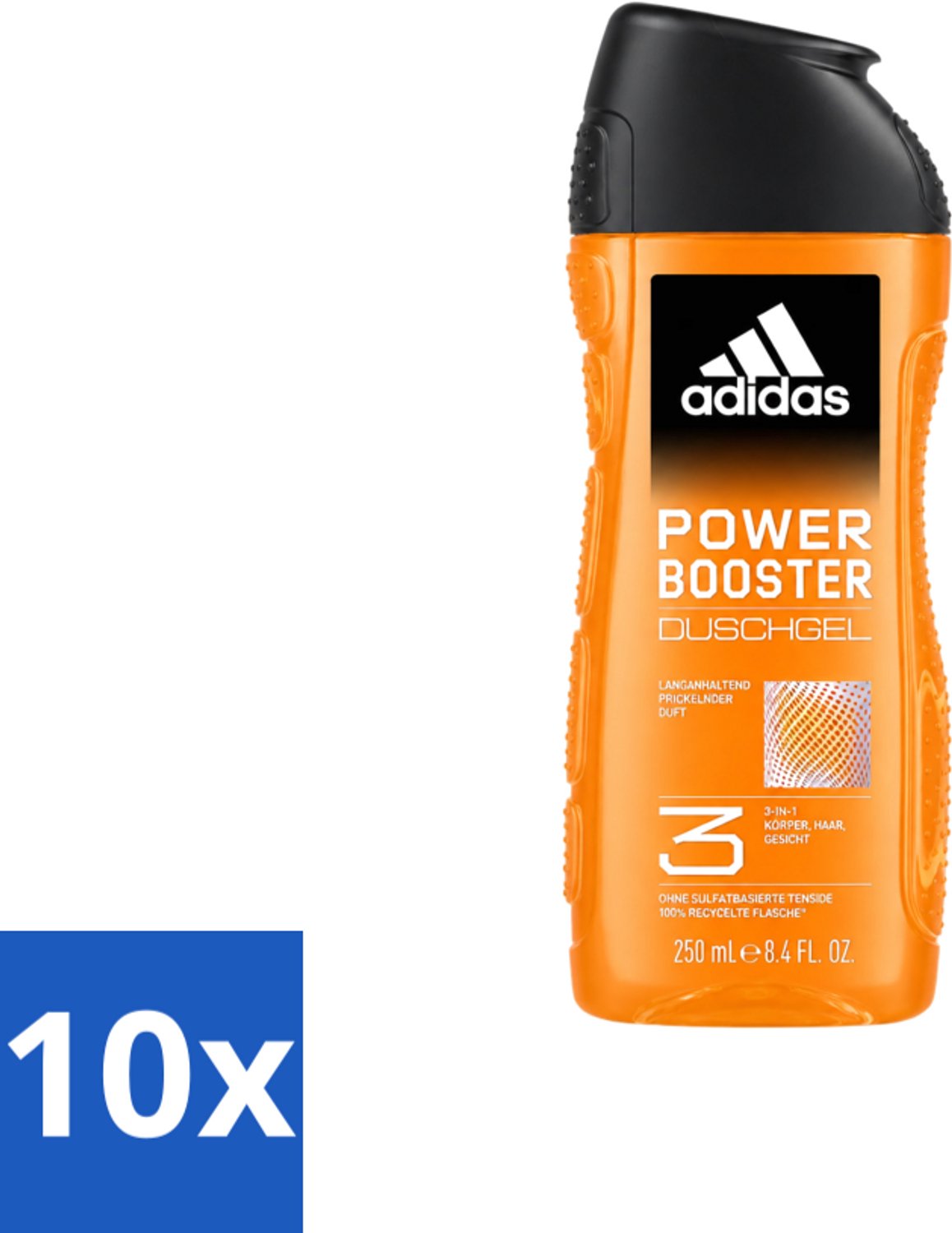 10 x Adidas - 3-in-1 Douchegel - Power Booster - Sprankelende Geur - Gerecyclede Verpakking - 250 ml - Voordeelverpakking - 10 stuks