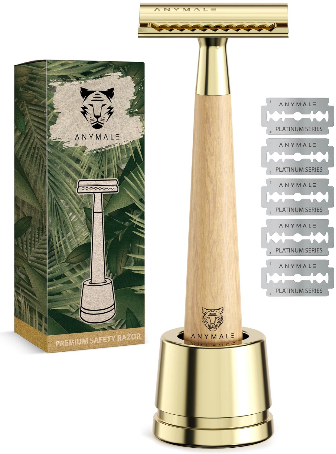 Houten Scheerset met Stand - Zero Waste Scheermes - Inclusief 5 Blades