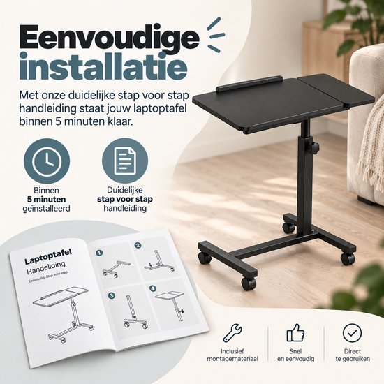 Eenvoudige installatie van de zwarte laptoptafel, met stapsgewijze handleiding, klaar binnen 5 minuten.
