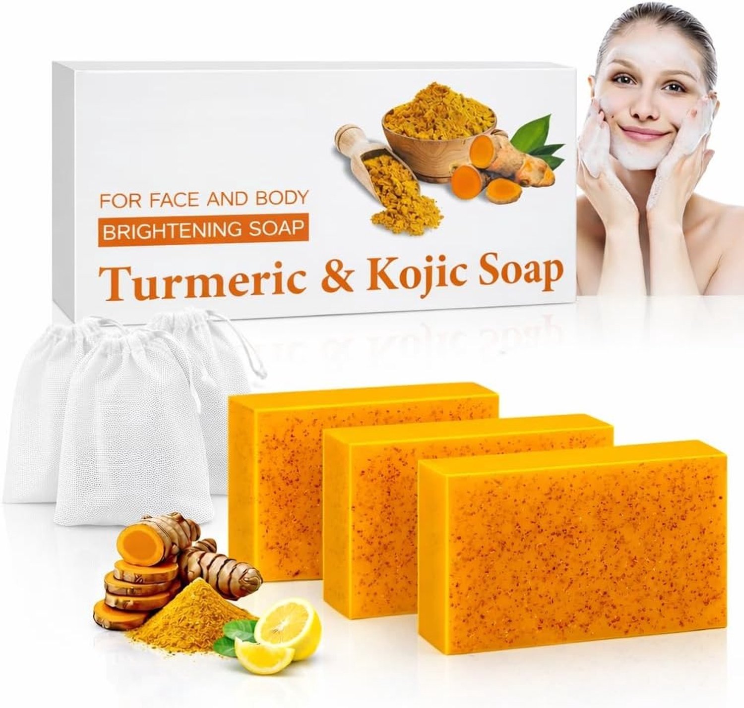 Natuurlijke Verhelderende Zeep met Kurkuma en Kojic Acid - Tegen Pigmentvlekken, Acne en Hyperpigmentatie - Inclusief 3 Schuurnetten en Citroenextract voor Gezicht en Lichaam