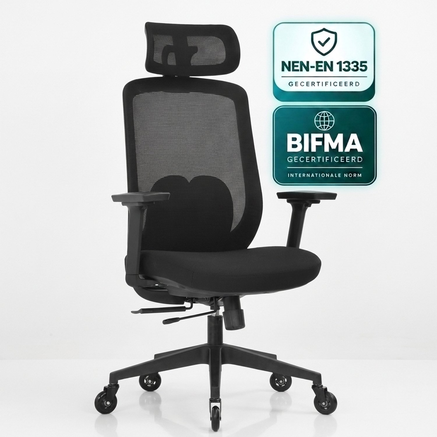 OfficeSense OS210 Ergonomische Bureaustoel - 3D Armleuningen - 2D Hoofdsteun & Lendensteun - Schuifzitting - Kantelbaar 135° - 150 kg - Zwart