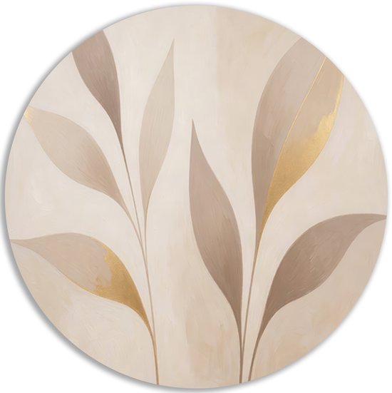 Ronde wandcirkel met een abstract motief van bladeren in zachte beige tinten en gouden accenten.
