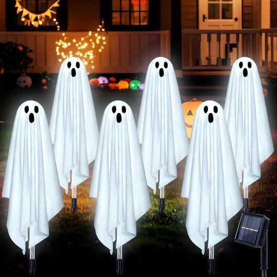 Halloweenlampen op zonne-energie voor tuin, Halloween-spookdecoratie met led, 8 modi, waterdicht, Halloween-decoratie voor tuin, terras, balkon, graf, 6 stuks
