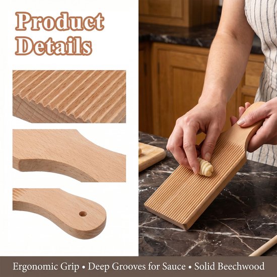 SnelShoppen - 2 stuks pastaplanken voor gnocchi, houten plank voor tortellini en macaroni met houten stokjes - Authentieke pasta maken in de keuken — afbeelding 5