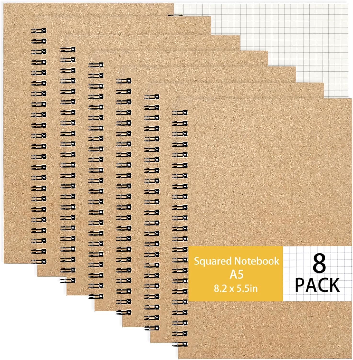 SnelShoppen - 8-delige A5 Notitieboekjes Set - Spiral Notepad met Gecheckte Pagina's - Stevige Kaft voor School, Kantoor en Creatief Gebruik - Perfect