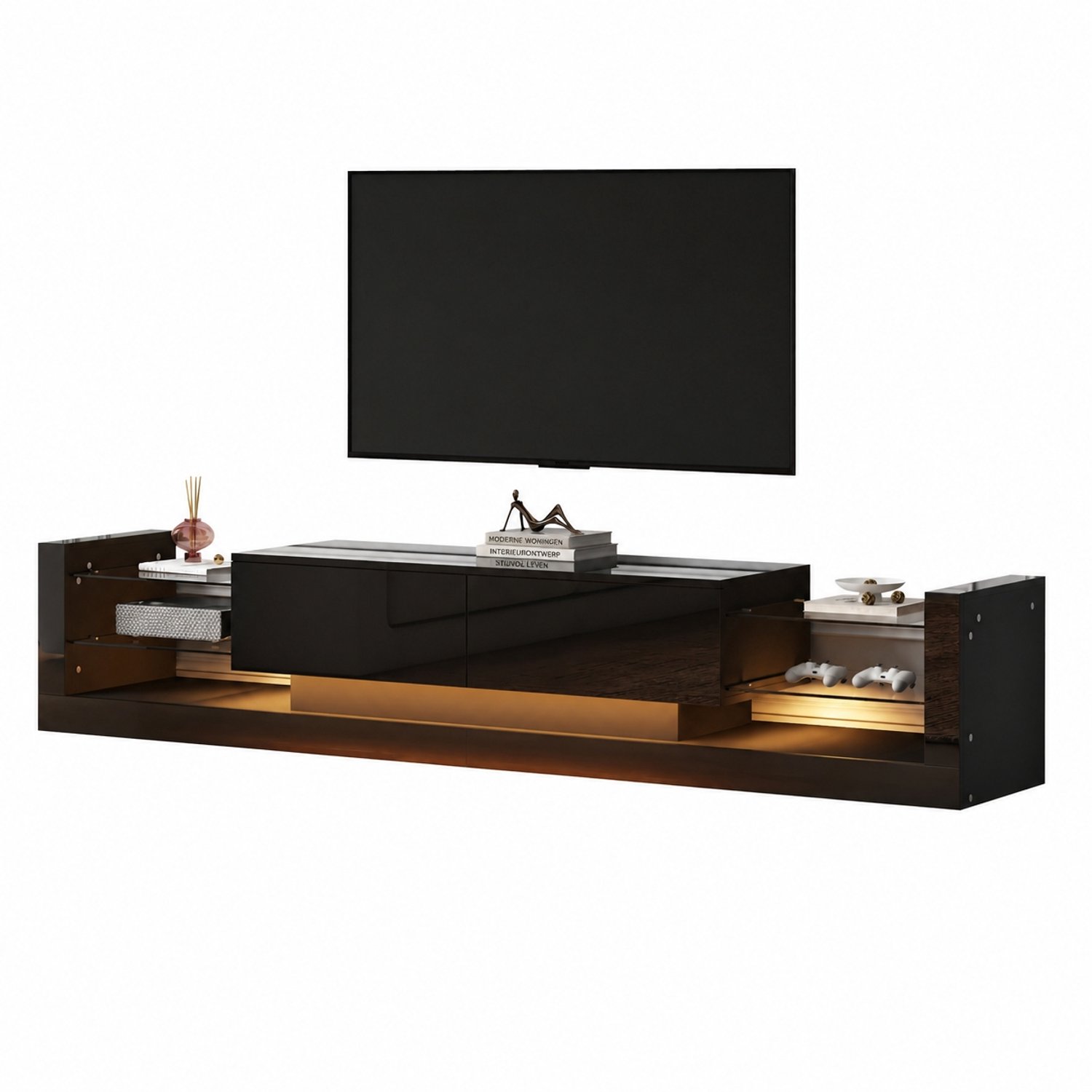 Welltin TV-meubel - TV kast - Voor tv tot 80 inch - Hoogglans front - LED-verlichting en glazen front - 181 x 38 x 38 cm - Lowboard voor woonkamer - Zwart