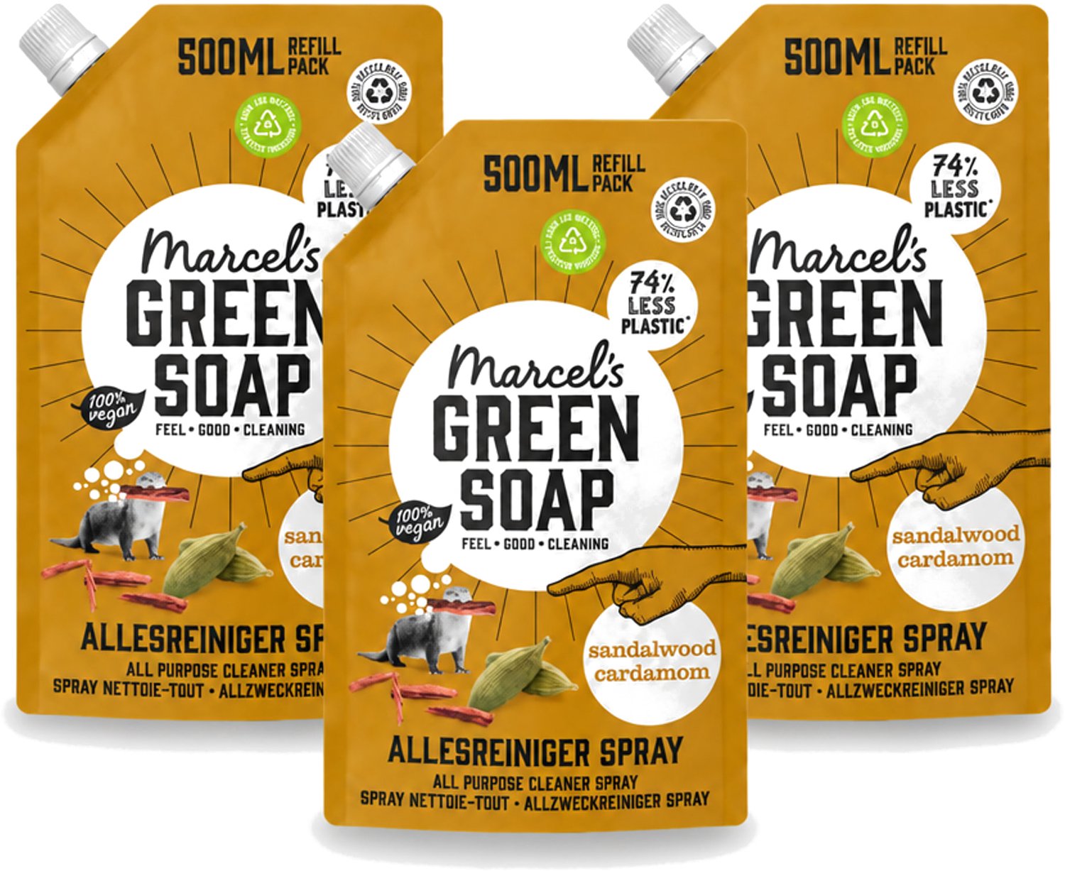 3 x Marcel's Green Soap - Allesreiniger Spray - Navulling - Sandelhout & Kardemon - Frisse reiniging - 500 ml - Voordeelverpakking - 3 stuks