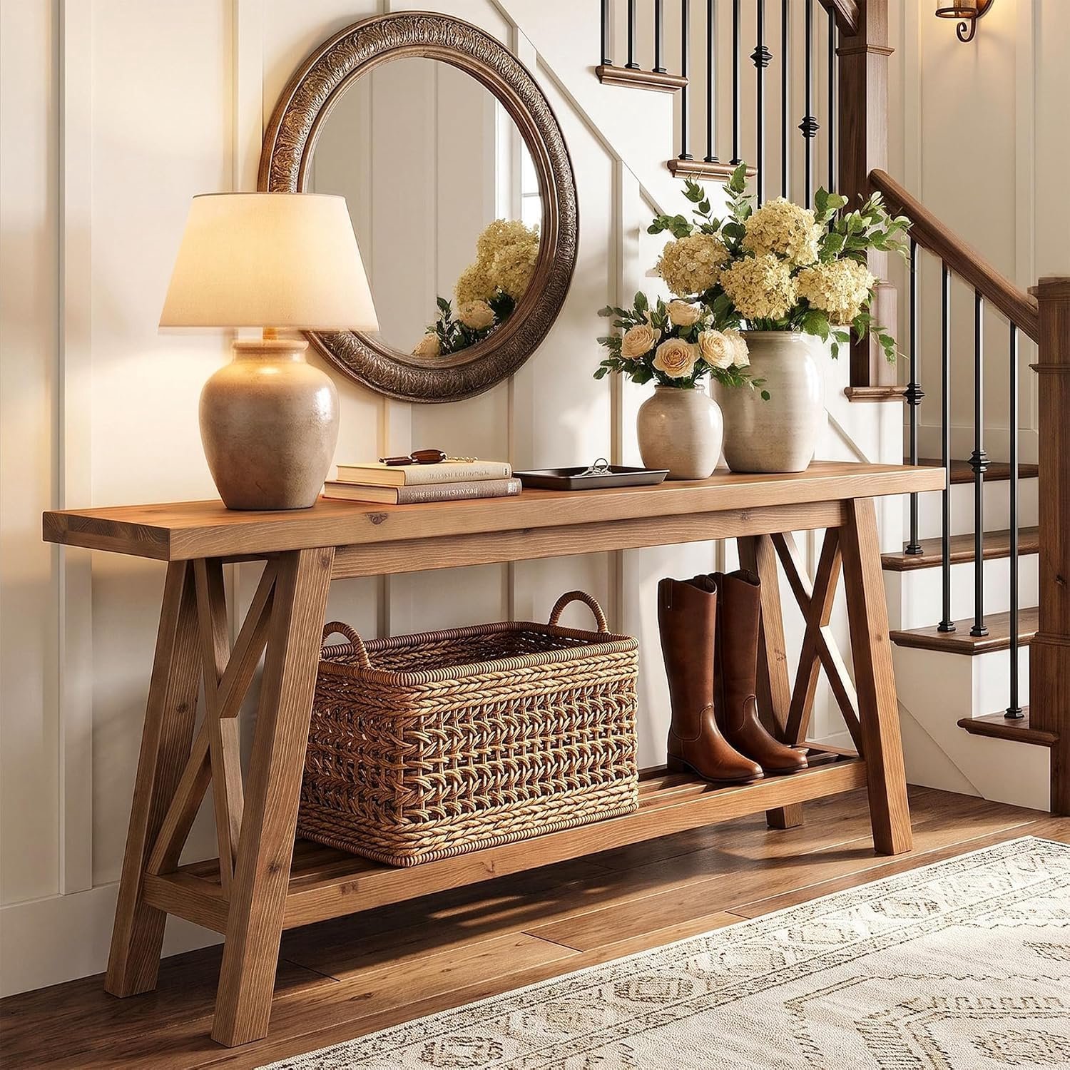 Tribesigns massief hout Consoletafel - 160x30x80 cm - sidetable met 2-laags - Console Tafel met een X-vormig frame - voor Hal, Woonkamer, Entree - Bruin