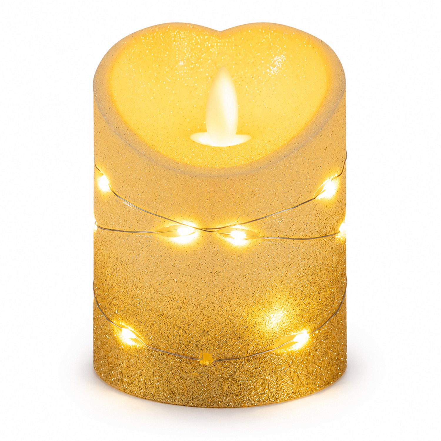 led kaarsen met bewegende vlam - gouden glitter, 7,5 x 10 cm, schuine bovenkant en lichtsnoer, op batterijen