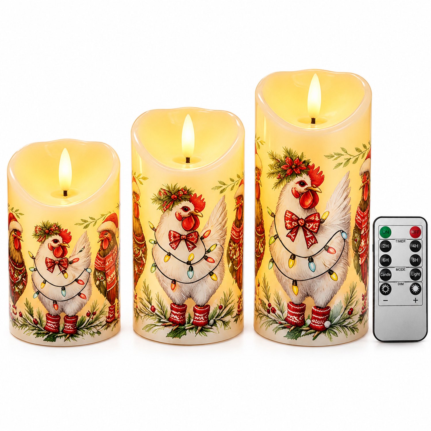 SWGOTA led kaarsen, set van 3 met warm licht, schuine bovenrand en haanmotief, met afstandsbediening, op batterijen, zonder batterijen Theebruin
