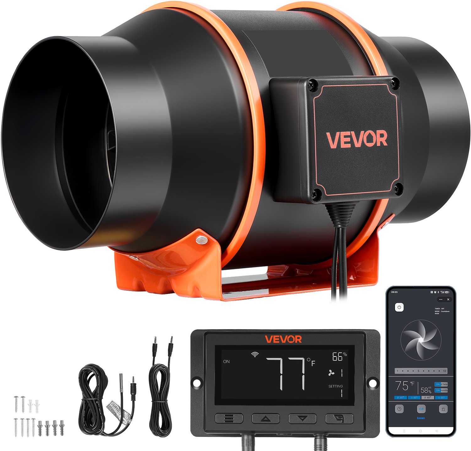 VEVOR Inline Kanaalventilator, 683 m³/u 152,4 mm EC-Motor, Afzuigventilator met 10 Snelheden, PWM-Regelaar, App-Bediening, Temperatuur- en Vochtigheidssensor, Koeling voor Kweektenten, Binnentuinen en Hydrocultuur