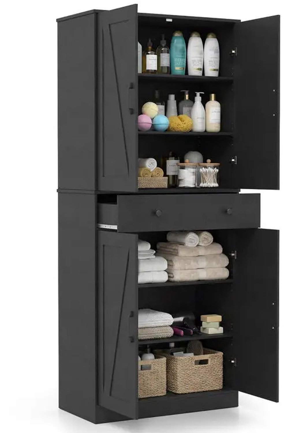 Gudalio Kast - Opbergkast - Kledingkast - Keukenkast - Voorraadkast - Lade en Deuren - Landelijk - Hoog - 183 x 77 x 39 cm - Zwart