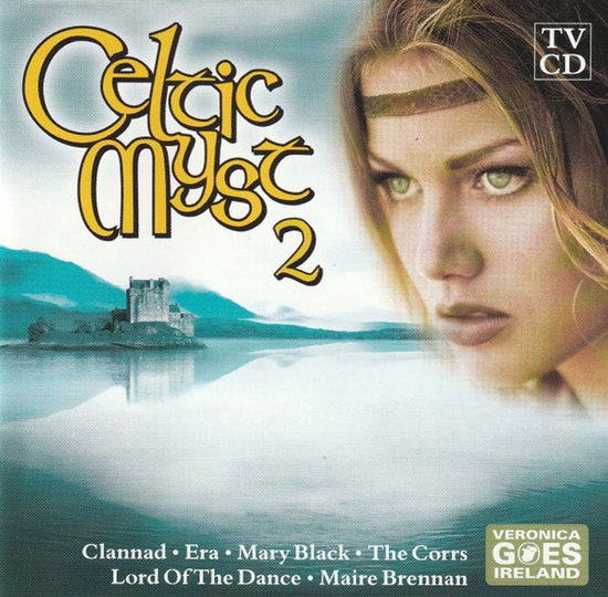 Cd-hoes Celtic Myst 2 met een kasteel aan een meer, een vrouw met hoofdband en namen van artiesten onderaan.