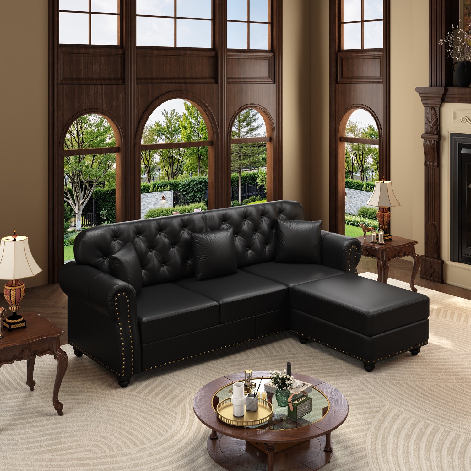 REDOM Chesterfield bank 3-zits 210 cm - Met hocker en 3 kussens - Zwart