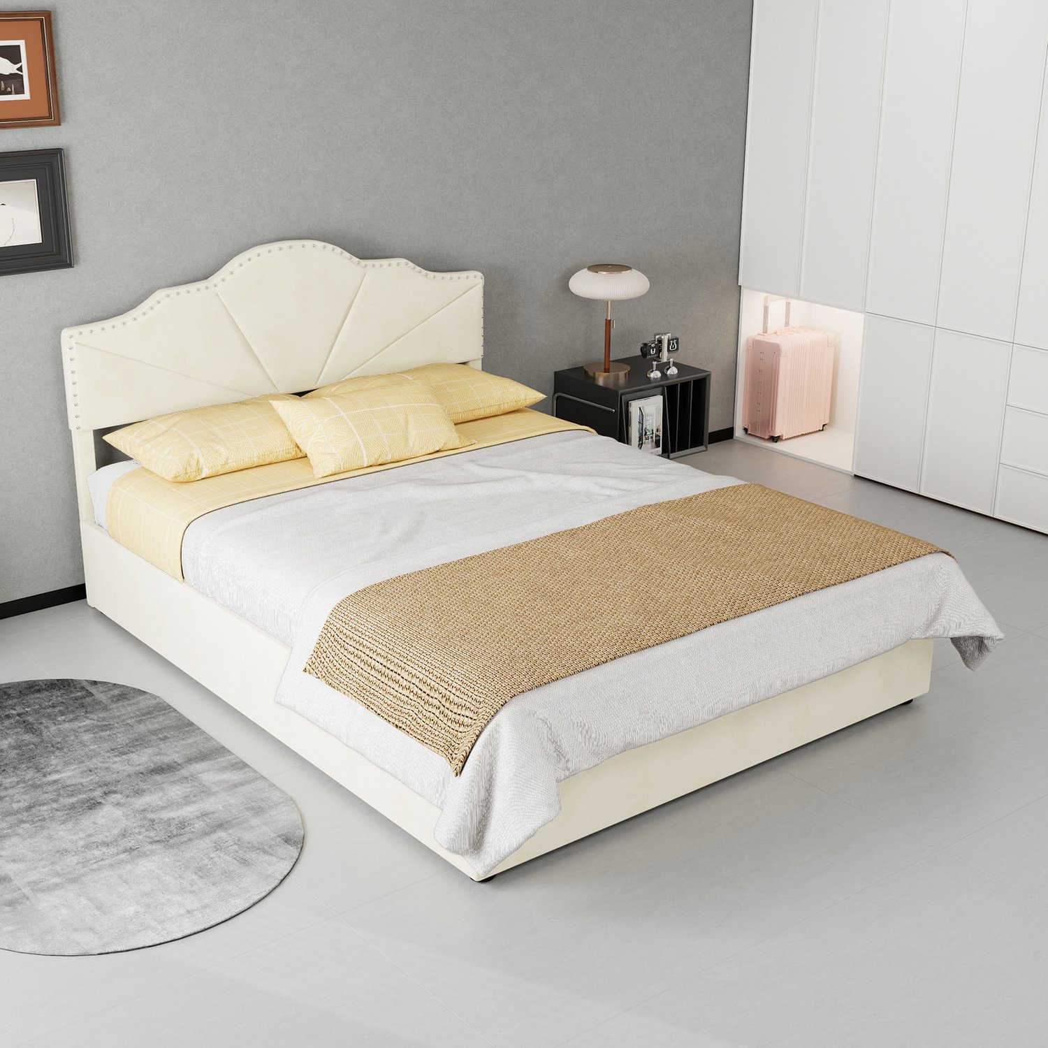 WUVRIE Gestoffeerd opbergbed 140x200 cm - Met pneumatische gasveren en matras - Beige