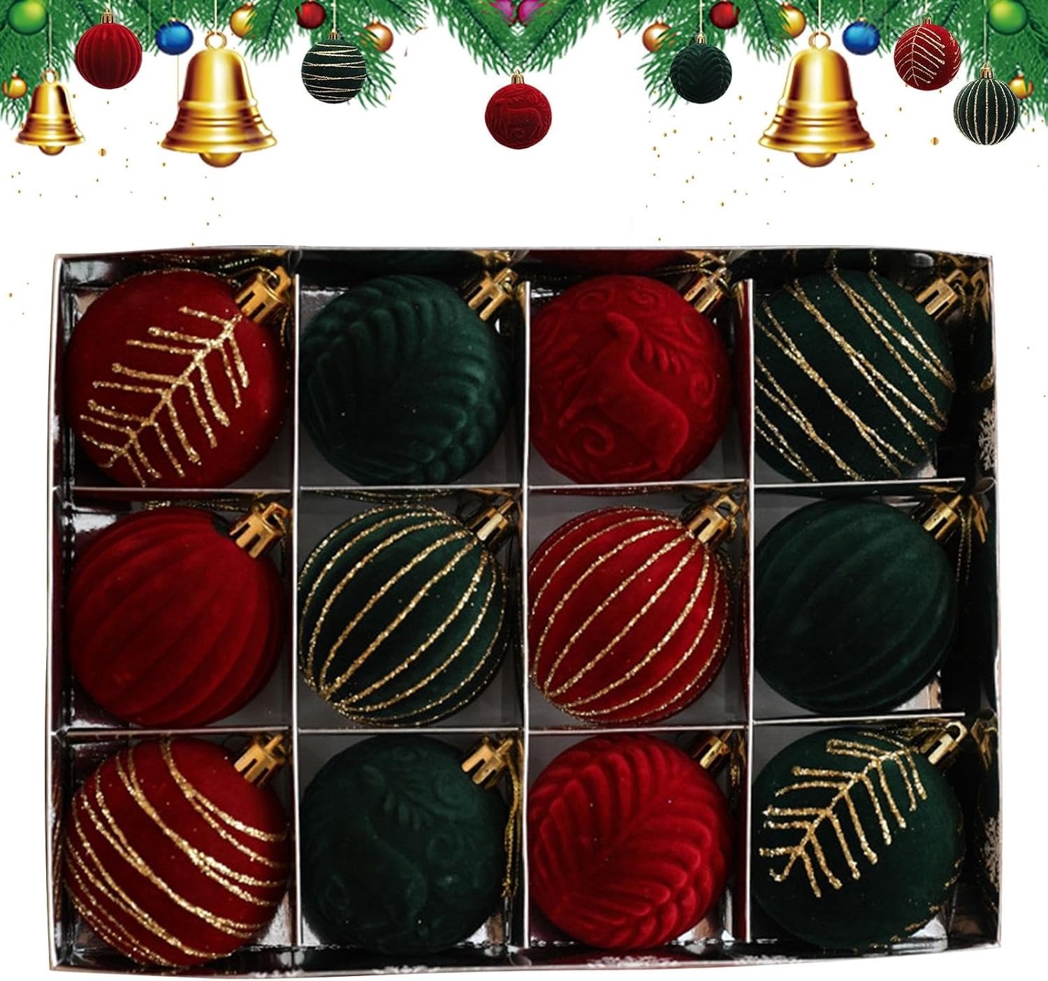 Mrilary 12 stuks Grote Fluweel Kerstballen Ornamenten, 7CM Flocked Kerstboom Ornament, Breekvrije Hangende Xmas Ballen, 2026 Xmas Boom Thuisdecoraties Groen