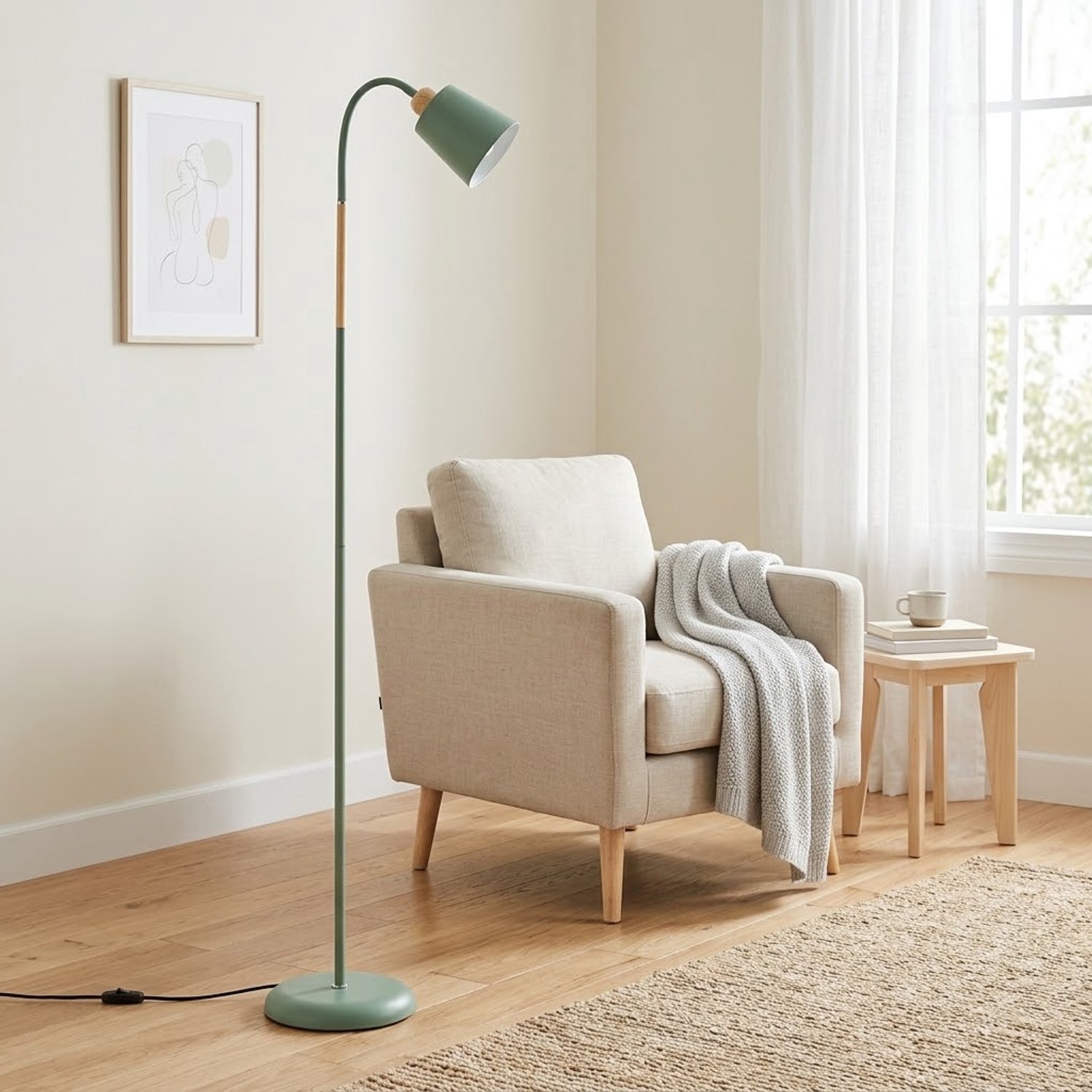 ANTENLICHT Retro Vloerlamp Groen - Metaal met Hout look - 360° Buigbare Hals - E27 Fitting (Max 60W) - Verstelbare Staande Leeslamp voor Woonkamer & Slaapkamer
