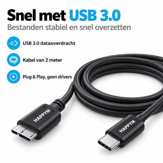 USB 3.0 kabel van 2 meter voor snelle dataoverdracht, merk HAPPYM.