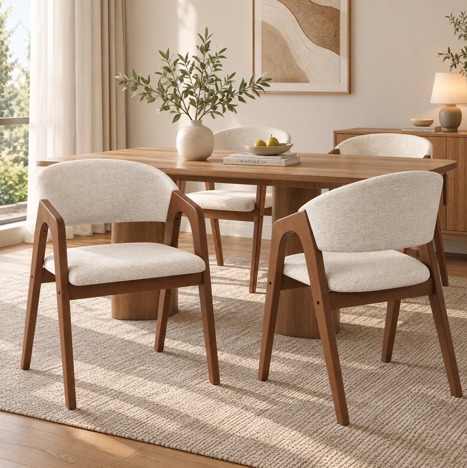 STILVORA Eetkamerstoel 55,5 x 60 x 83 Cm - Set Van 6 Met Armleuningen - Voor Eetkamer En Woonkamer - Hout En Stof Walnootkleur Havermoutbeige