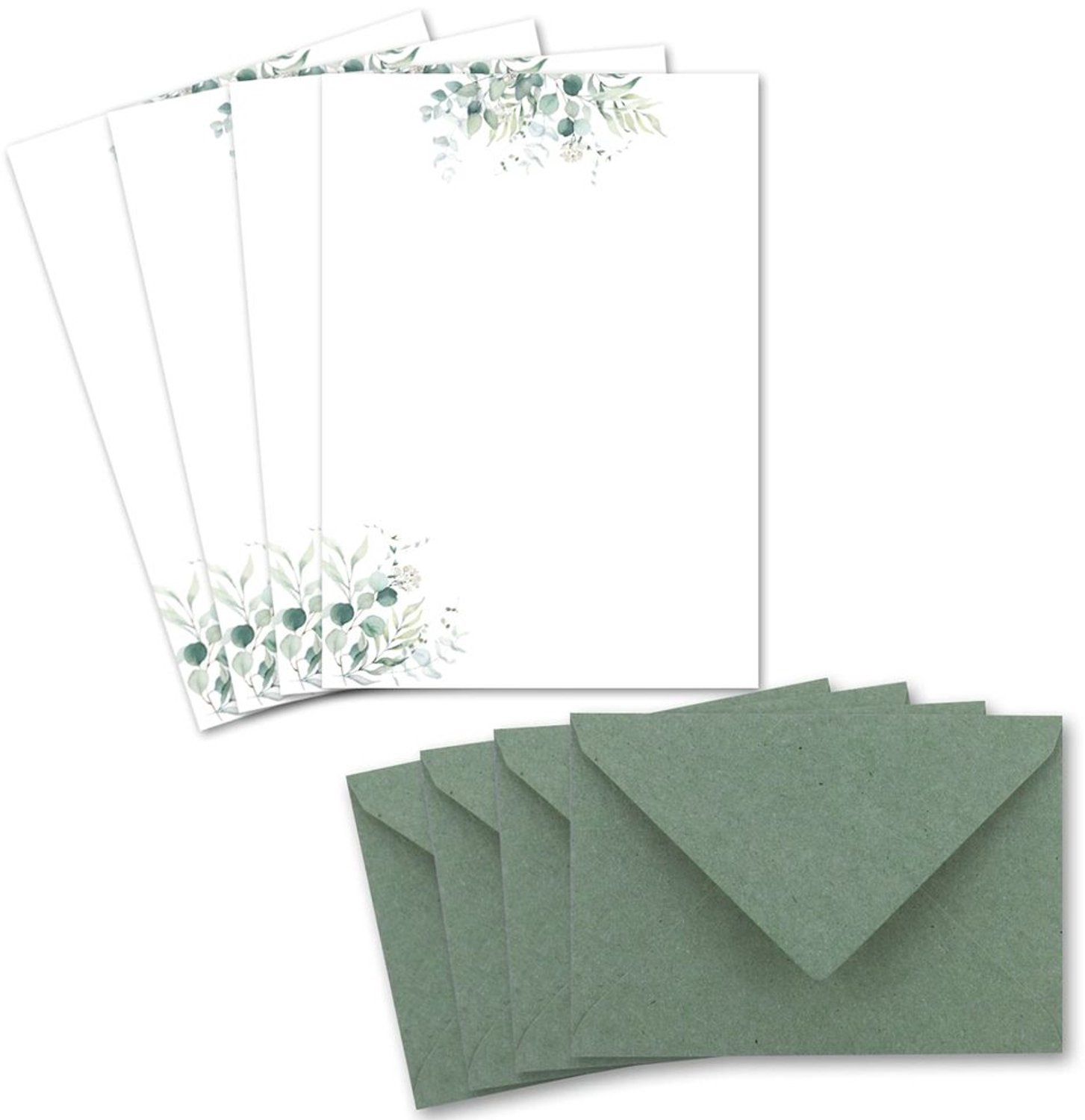 Briefpapier set 25 stuks - Natuurlijk papier crème - Enveloppen DIN C6 - Eucalyptus-takken - Bedrukbaar - Ideaal voor huwelijksuitnodigingen