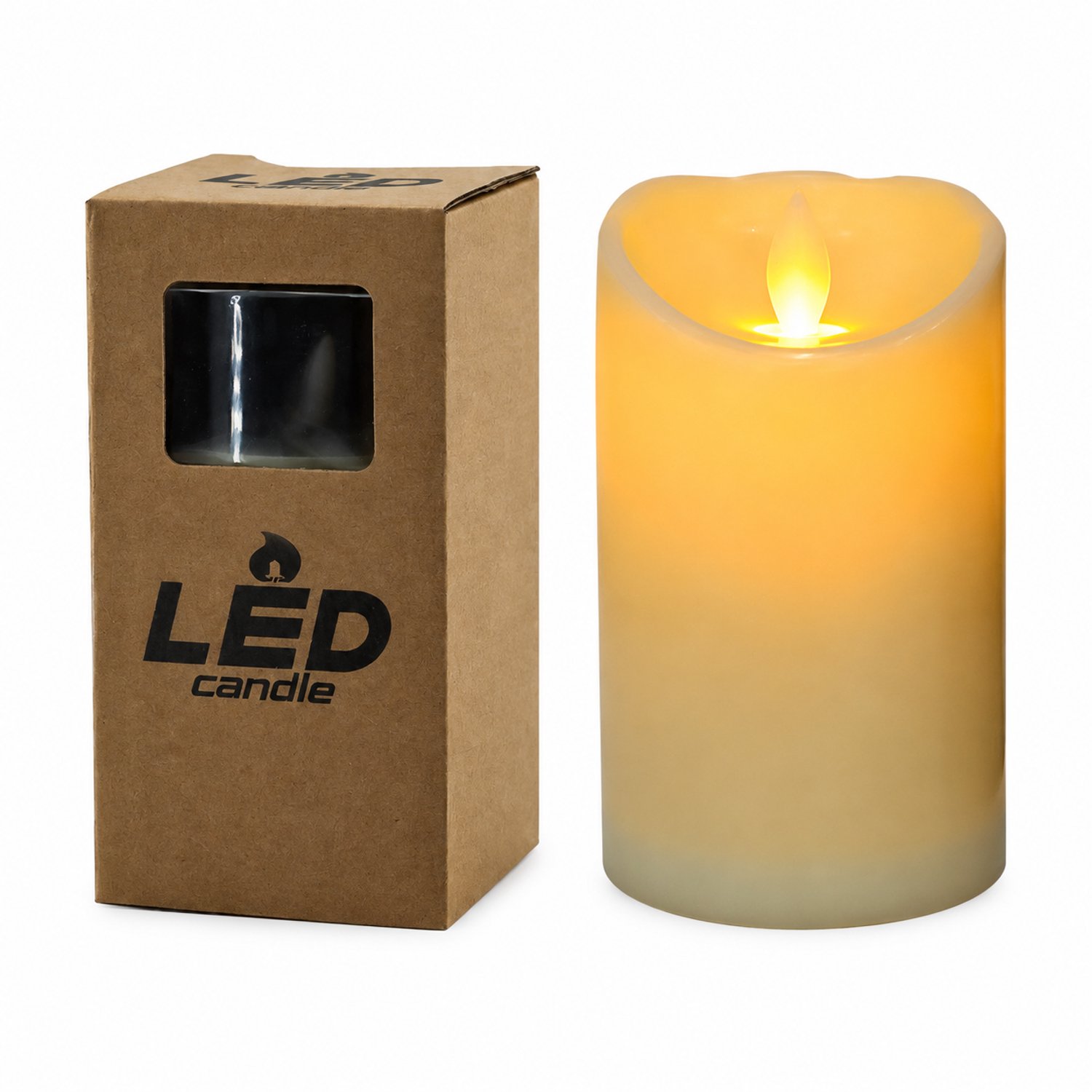 led kaarsen met bewegende vlam - 1 stuk, diameter 7,5 cm, hoogte 12,5 cm, gladde cilinder met schuine bovenrand, vensterdoos, zonder batterijen