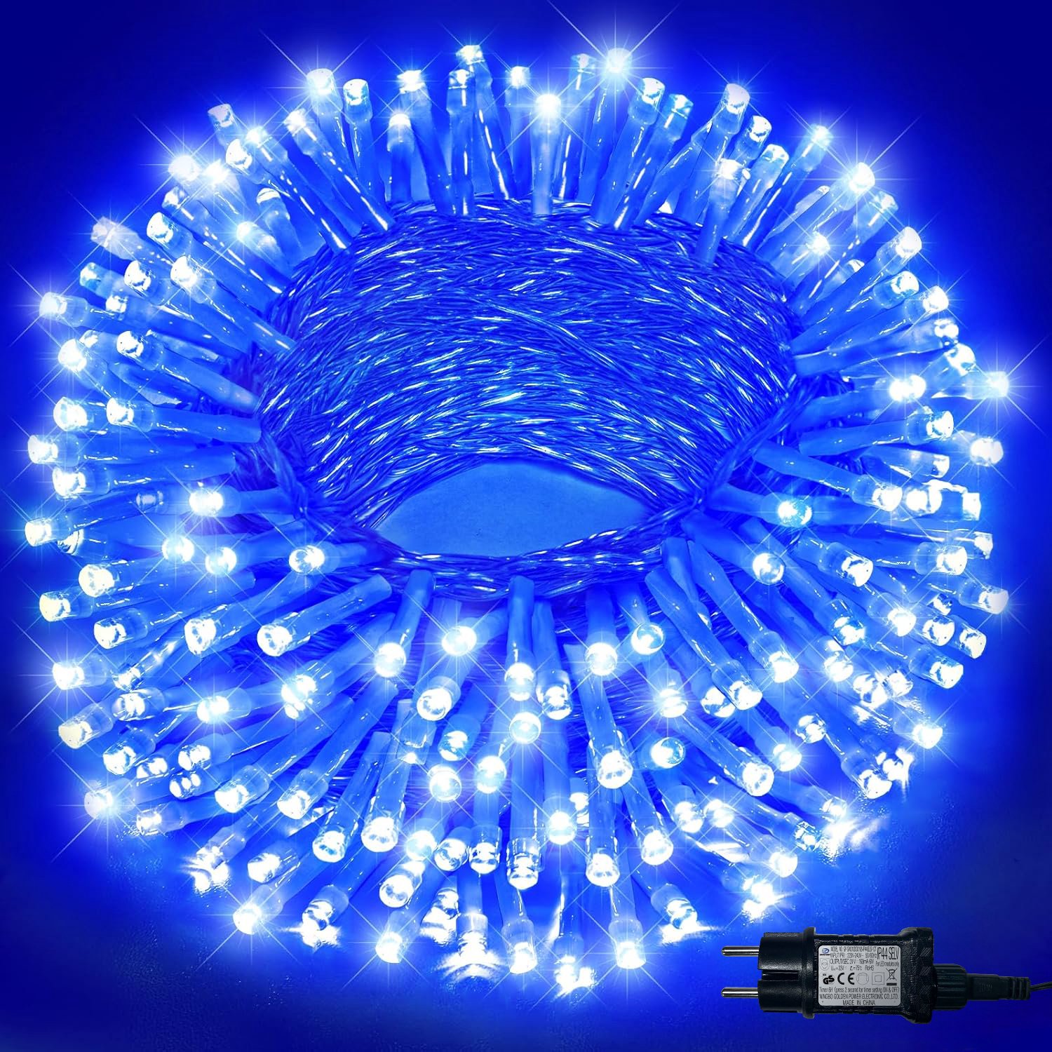 Lapamax Lichtsnoer met 8 Lichtstanden, Timer en Geheugenfunctie - Kerstboomverlichting op 31 V met IP44 en 3 m Aanloopsnoer - Feestverlichting voor Huis, Tuin en Balkon - Blauw - 30 m, 300 LED's