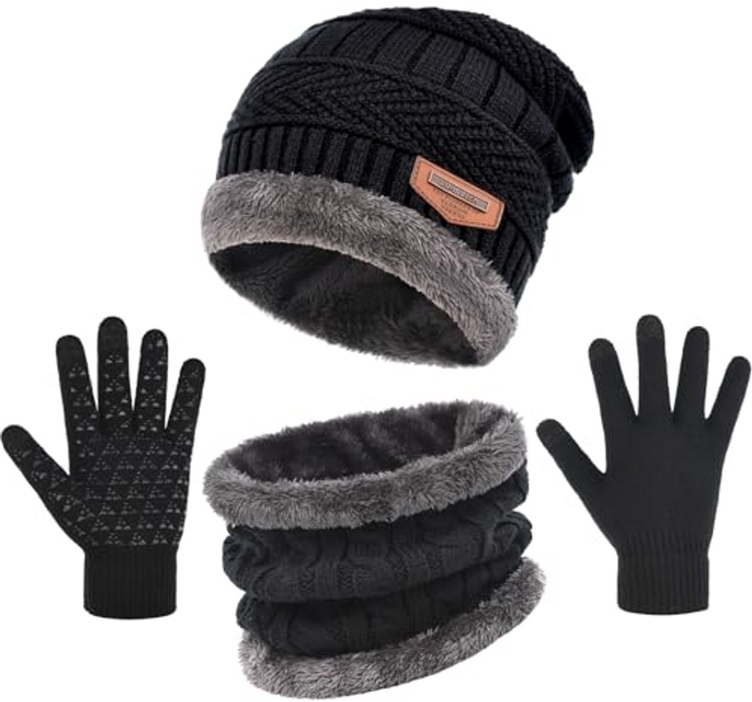 Ryoudavell Gebreide muts sjaal en touchscreen handschoenen 3 stuks winter dik gevoerde warme gebreide muts touchscreen handschoenen nekwarmer voor koud weer heren en dames voor wandelen fietsen werk school reizen outdoor Zwart