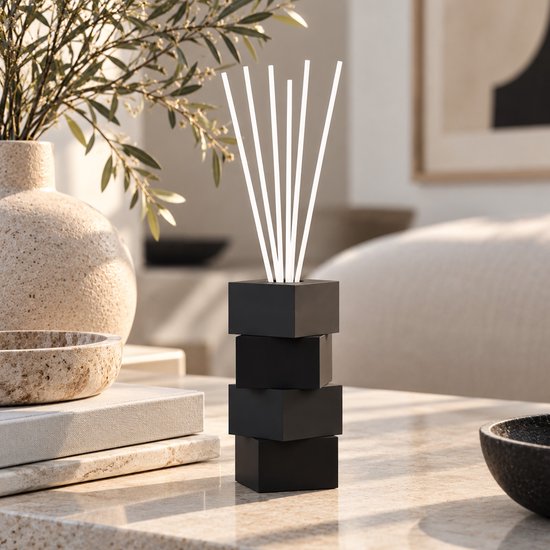Geurstokjeshouder mat zwart – Luxe Geurverspreider Cozy Plaid – Navulbare Geurstokjes Set 200 ml – Design Diffuser met Witte Stokjes – Stijlvol Huisparfum Cadeau — cadeau in Wonen & Interieur - foto 4