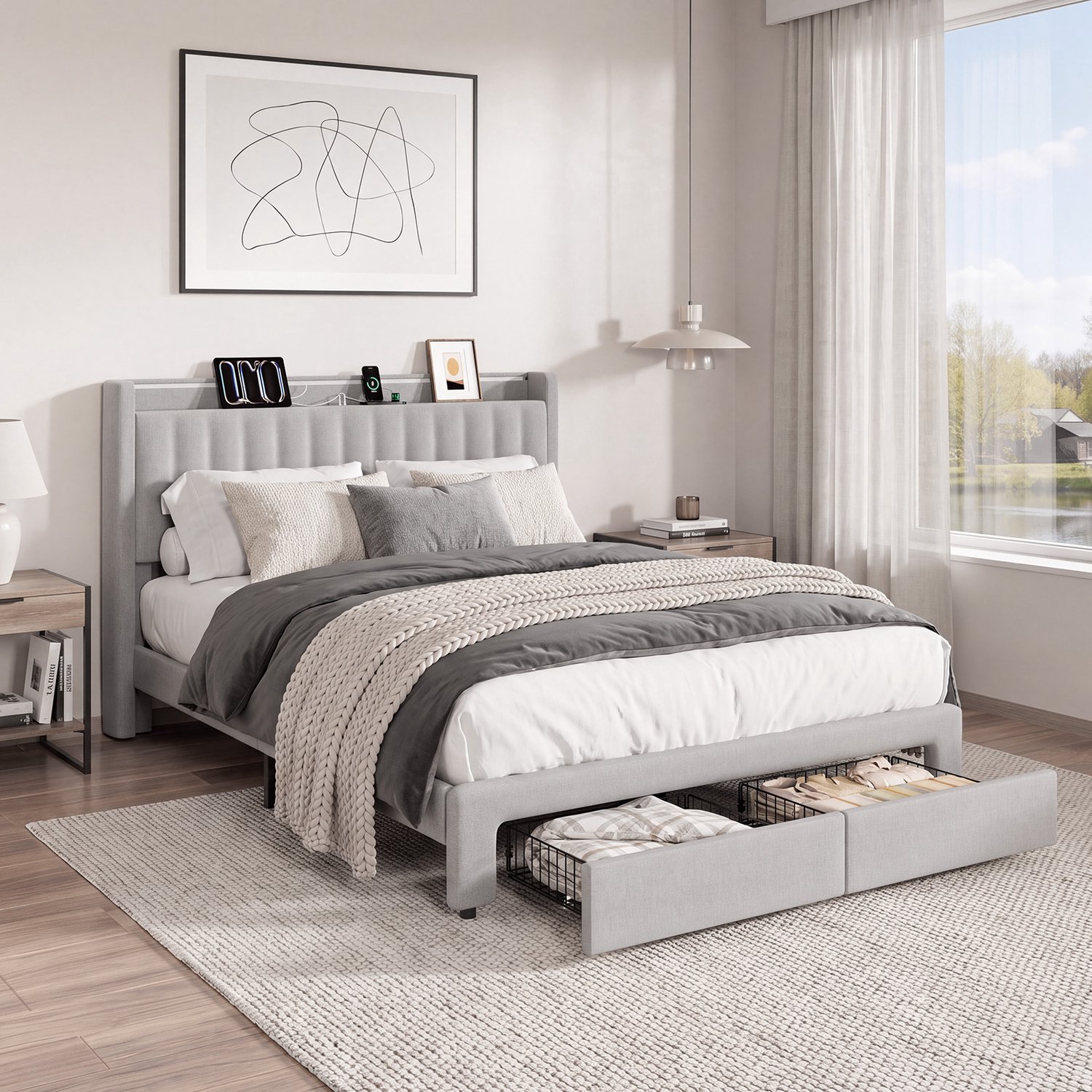 KUTAS Tweepersoonsbed 160x200 cm - 2 Persoons Bed - Met Hoofdbord - Opberglades aan het Voeteneinde - Draagkracht 500 kg - USB-A & USB-C Oplaadpoorten - LED-verlichting - Lattenbodem - Geluidsarm & Antislip - Grijs