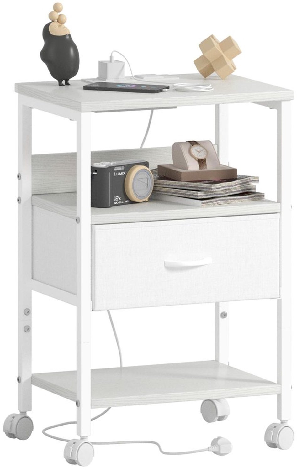 Bedside Table met Oplaadstation en Opbergruimte, Wit