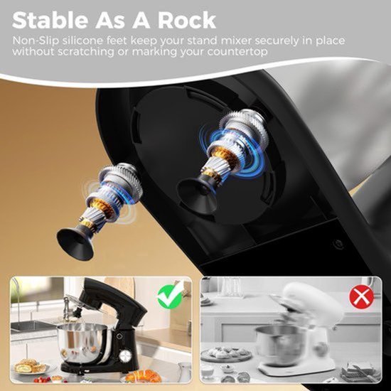 Standmixer 1500W, 4,5 + 5,5 L roestvrijstalen kommen, 10+ snelheden, kantelbare kop, met deeghaak, klopper en garde, multifunctionele keukenmachine — afbeelding 5
