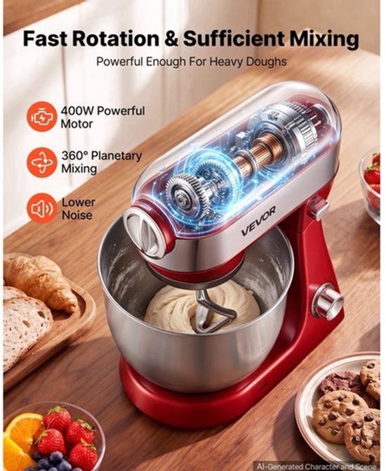 Elektrische Keukenmixer 1000 W - 5 Liter Mengkom - Rood - Deegmachine - Staande Mixer - SUS304 RVS Kom — afbeelding 5