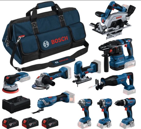 Bosch Professional 10-delige 18V accugereedschapset in blauwe tas met cirkelzaag, boorhamer, slijper en diverse schroefmachines.