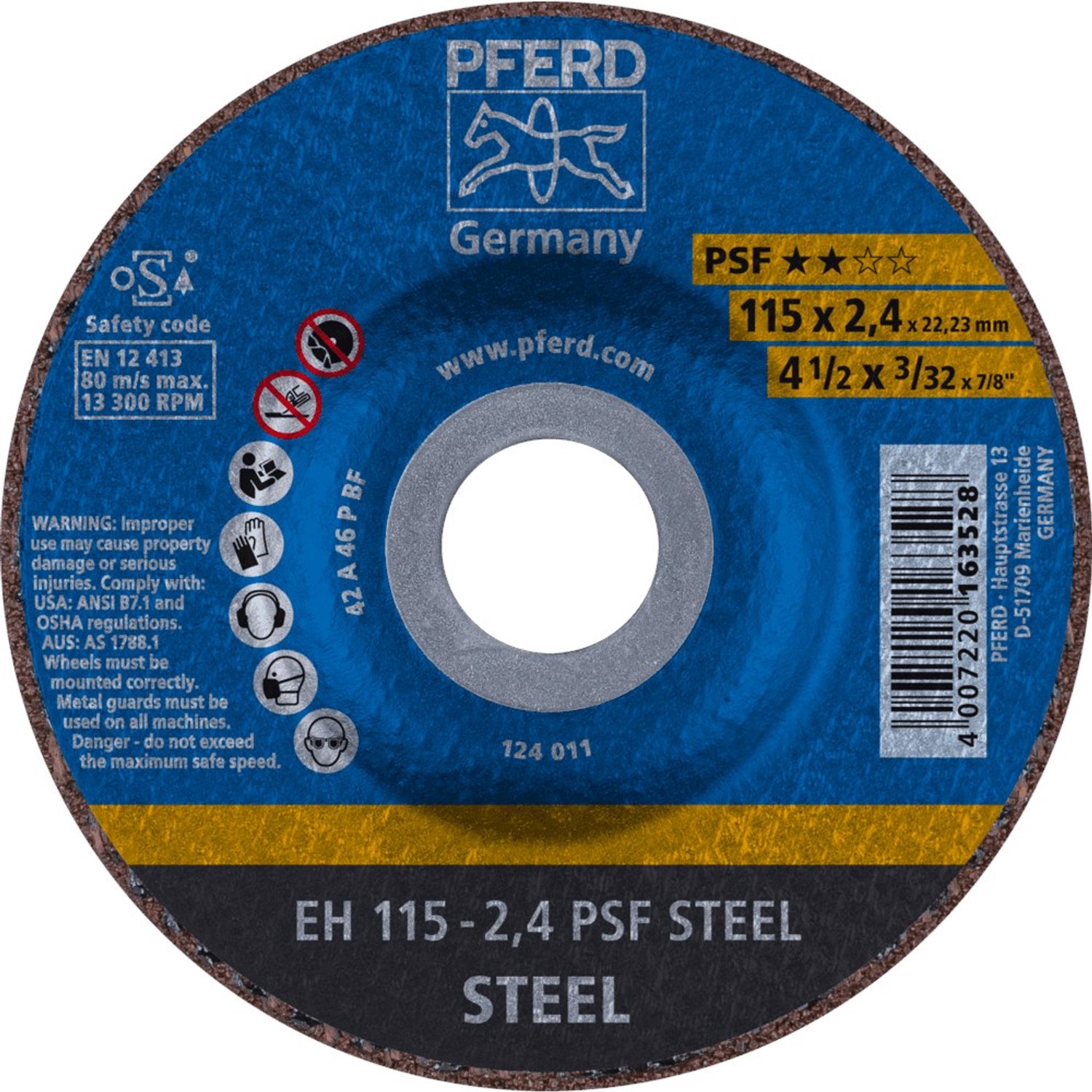 Pferd Psf Steel 61740122 Doorslijpschijf Gebogen 115 Mm 22.23 Mm
