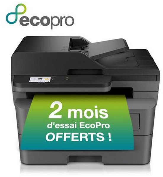 Zwarte Brother multifunctionele laserprinter met een groen papierblad met de tekst: 2 maanden EcoPro proefperiode gratis.