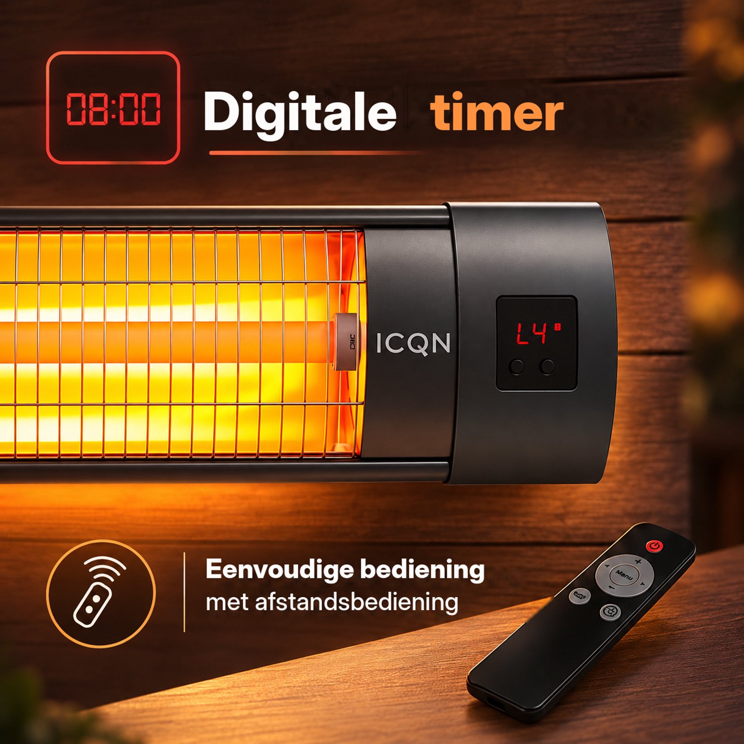 ICQN Infrarood Terrasverwarmer met Afstandsbediening - 2300W - 4 Standen - Water en stofbescherming - Voor Binnen en Buiten - Elektrische Kachel - Zwart – foto 6