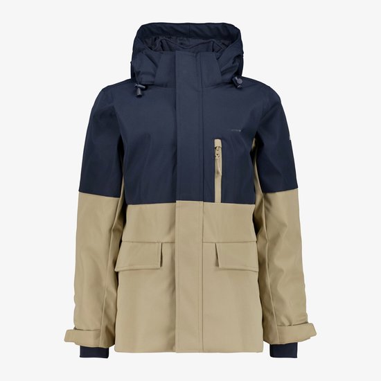 Navy en beige outdoor jas met capuchon, borstzak met rits en klepzakken aan de voorzijde.