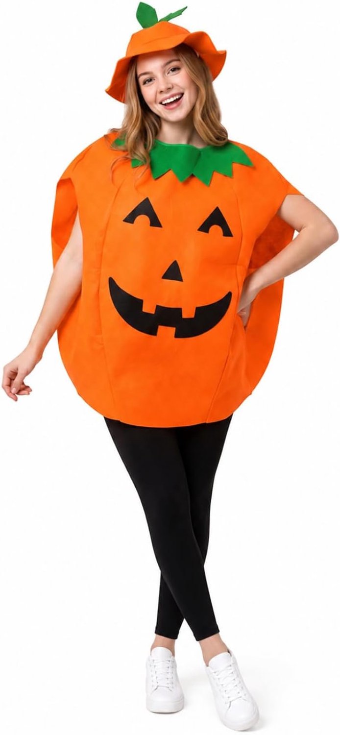 Halloween-kostuum voor volwassenen, met pompoenhoed, eenheidsmaat, comfortabel voor elk figuur, complete set voor themafeesten, cosplay en feestelijke gelegenheden