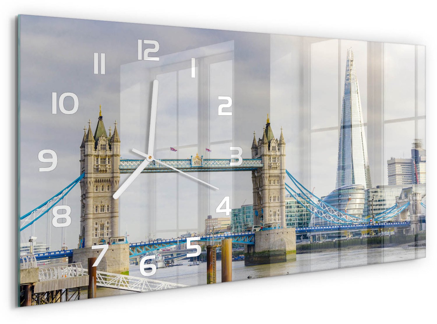 TULUP Wandklok - Theems Londen Glazen Klok Met Print - 60x30 cm - Beige Wandklok Glas Met Motief - Witte handen - Rechthoekige Klok - Wandklok Glas Decoratie - Gekleurde Glazen Klok